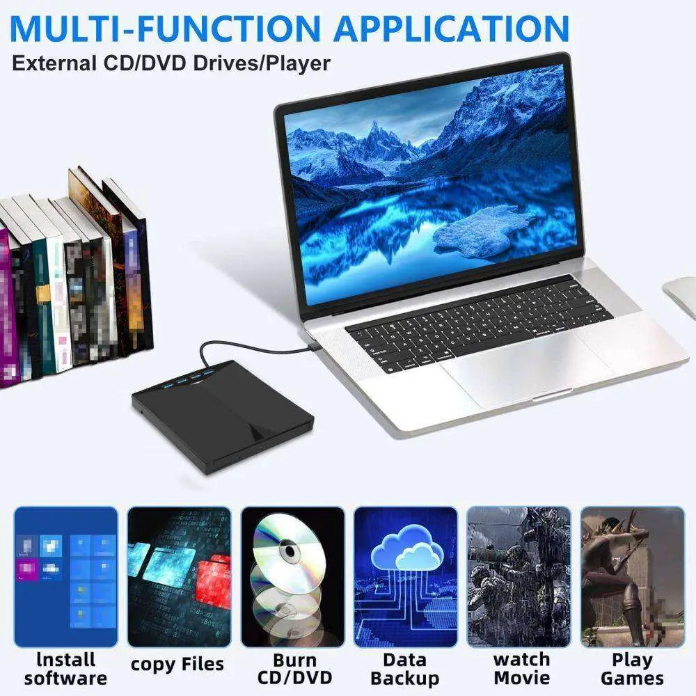 Black external cd dvd drive with sleek modern design and matte finish featuring usb 3.0 type c ports