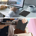 Black sleek rectangular external cd dvd drive usb with matte finish and visible usb 3.0 type c ports in modern design