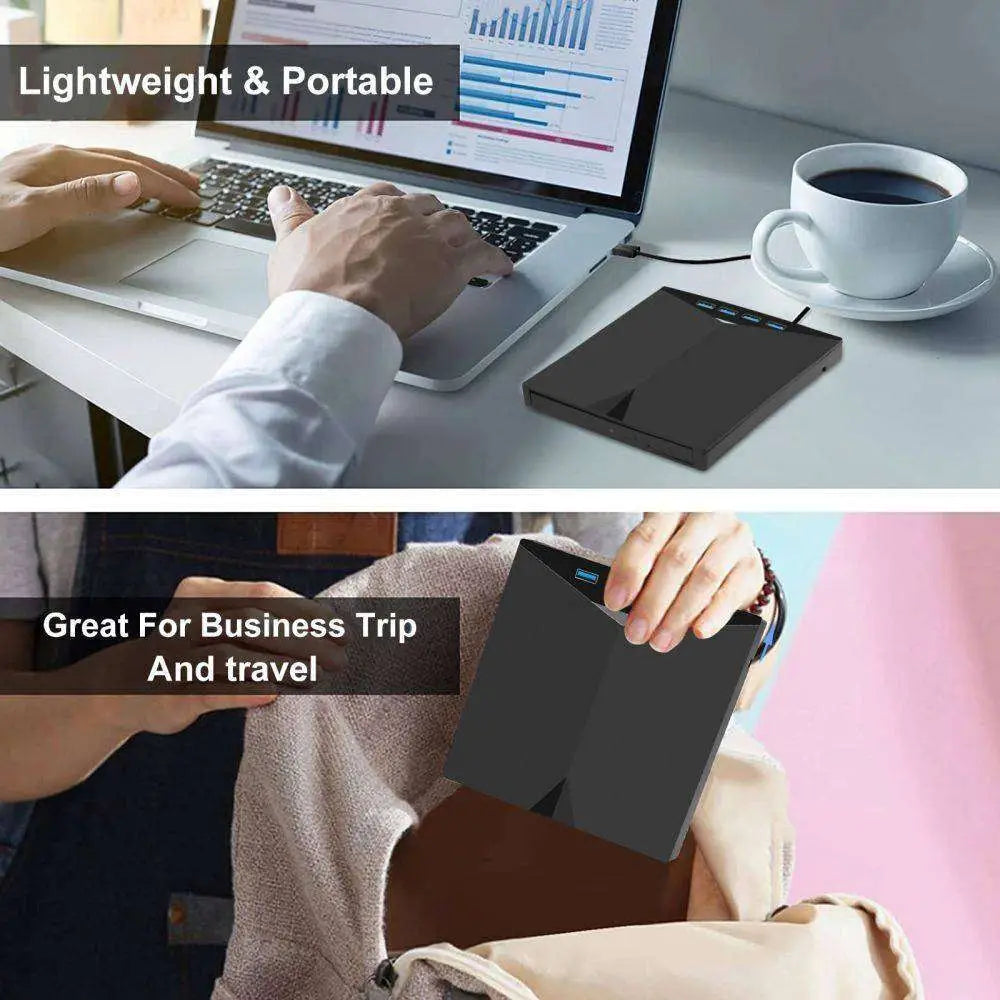 Black sleek rectangular external cd dvd drive usb with matte finish and visible usb 3.0 type c ports in modern design