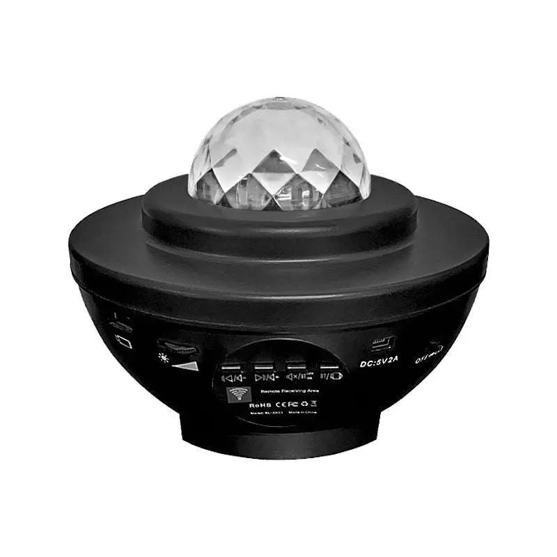 Black plastic projector night light with a clear faceted crystal dome for USB control music starry projection