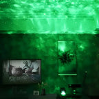 Green music starry projector night light with crystal dome casting glowing cosmic patterns on ceiling and walls