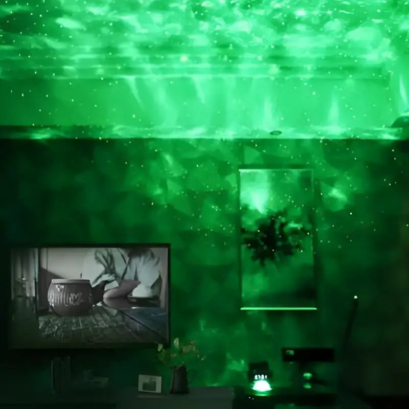 Green music starry projector night light with crystal dome casting glowing cosmic patterns on ceiling and walls