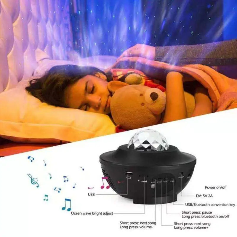 Black projector night light with faceted crystal dome designed for usb control music starry projection use