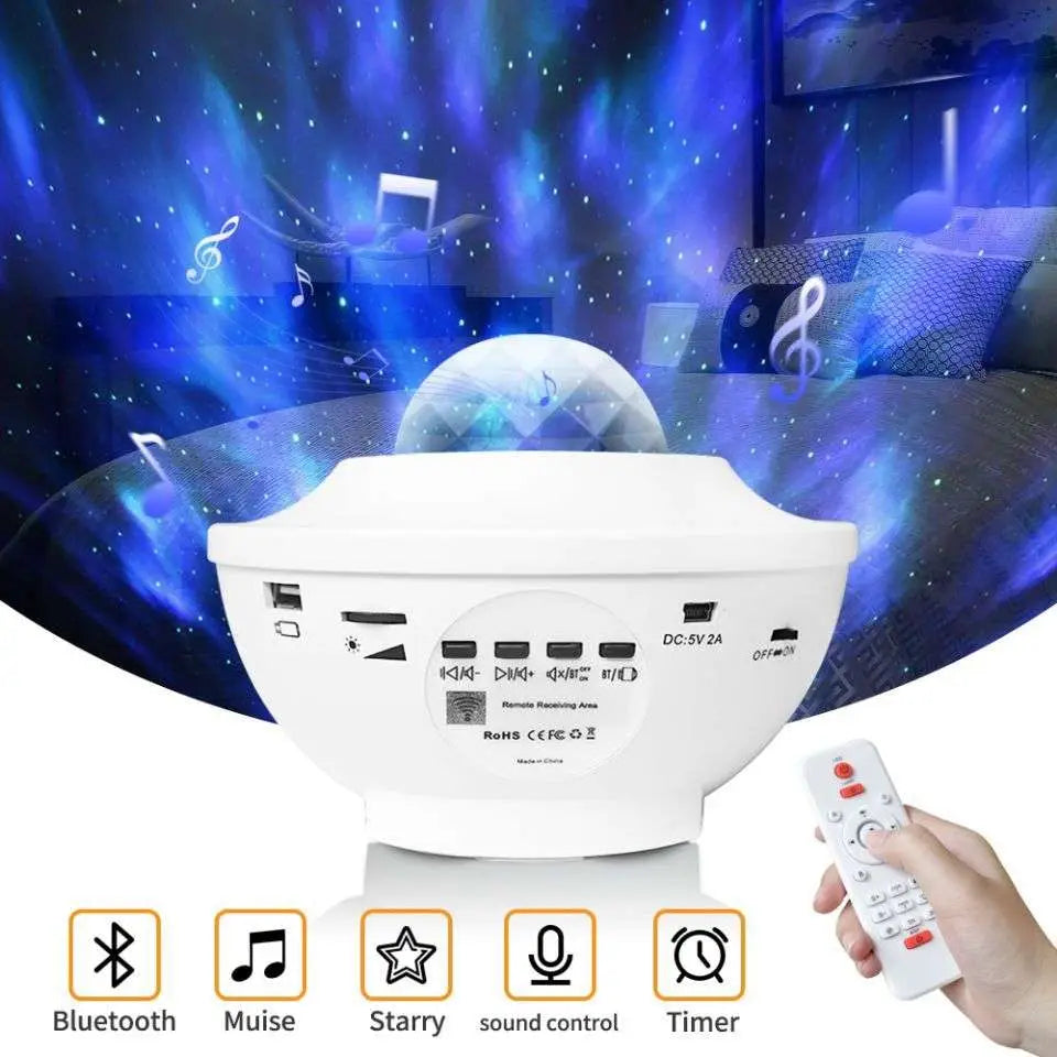 White plastic projector night light with crystal dome and spherical lens projecting music starry patterns