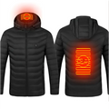 Black puffer usb electric heated jacket coat with glowing orange heating elements on hood and back side