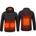 Black usb electric heated jacket coat with glowing orange heating elements on the hood back and sides back view