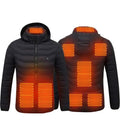 Black usb electric heated jacket coat featuring glowing orange heating panels on shoulders chest and lower torso