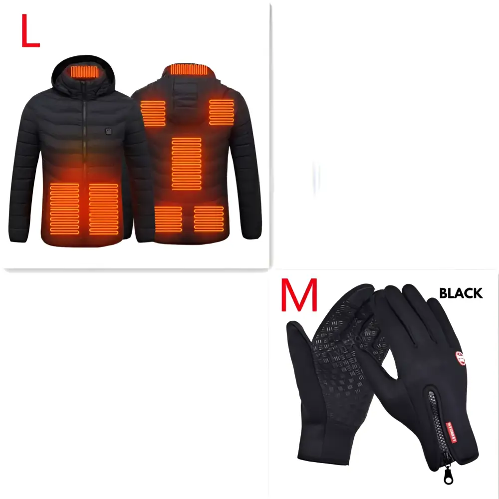 Black usb electric heated jacket coat with glowing orange heating panels and matching gloves with textured palm grip