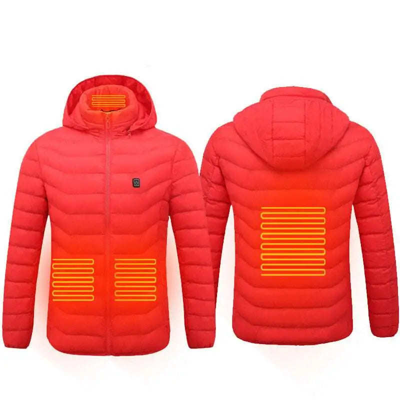 Bright red usb electric heated jacket coat with hood, glowing orange heating panels on back, front pockets, and collar