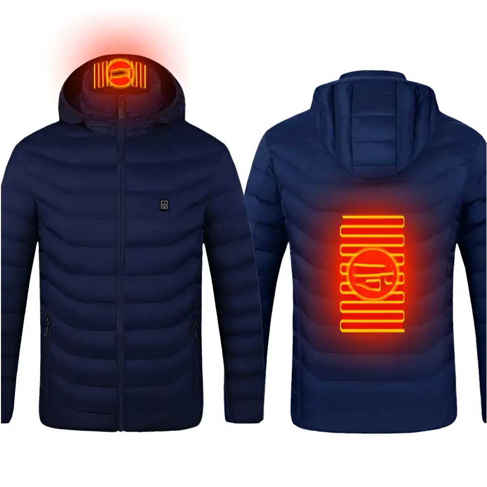 Navy blue usb electric heated jacket coat showing glowing orange heating elements on the hood and back side