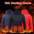 Three usb electric heated jacket coats in navy black and red with quilted design and glowing orange heating zones front