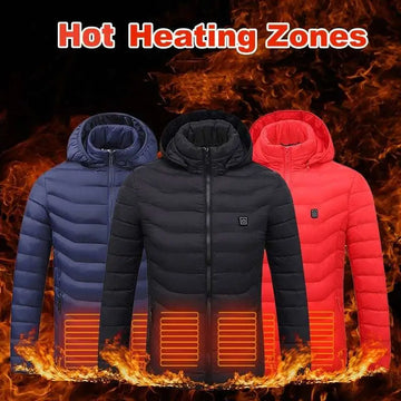 Three usb electric heated jacket coats in navy black and red with quilted design and glowing orange heating zones front