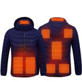 Navy blue usb electric heated jacket coat showing the back with glowing orange heating panels on hood shoulders back and torso