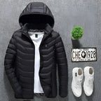 Black quilted usb electric heated jacket coat with hood white inner lining subtle chest logo and glowing orange accents