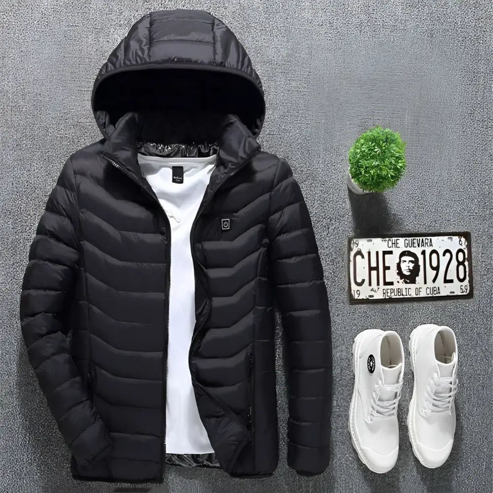 Black quilted usb electric heated jacket coat with hood white inner lining subtle chest logo and glowing orange accents