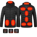 Black usb electric heated jacket coat with glowing orange heating panels on hood chest and lower front