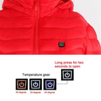 Vibrant red usb electric heated jacket coat with black power button and glowing orange temperature settings on chest