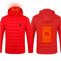 Back view of red usb electric heated jacket coat with hood and glowing orange heating elements on the back