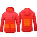 Bright red usb electric heated jacket coat with hood front pockets and glowing orange heating panels on the back