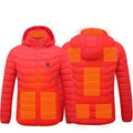 Vibrant red usb electric heated jacket coat with glowing orange heating elements on hood torso and sleeves