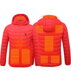 Vibrant red usb electric heated jacket coat with glowing orange heating elements on hood torso and sleeves