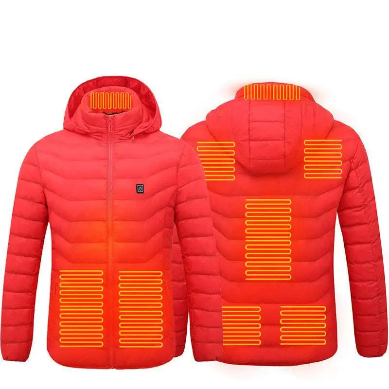 Vibrant red usb electric heated jacket coat with glowing orange heating elements on hood torso and sleeves