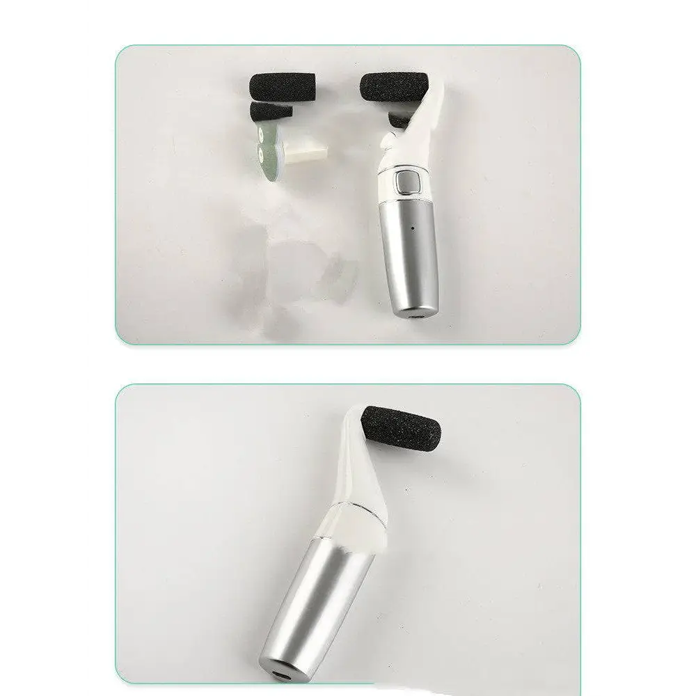 Silver and white usb rechargeable electric callus remover with black textured attachments for dead skin removal
