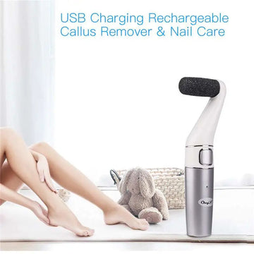 Silver and white usb rechargeable electric callus remover with a black textured head for dead skin removal