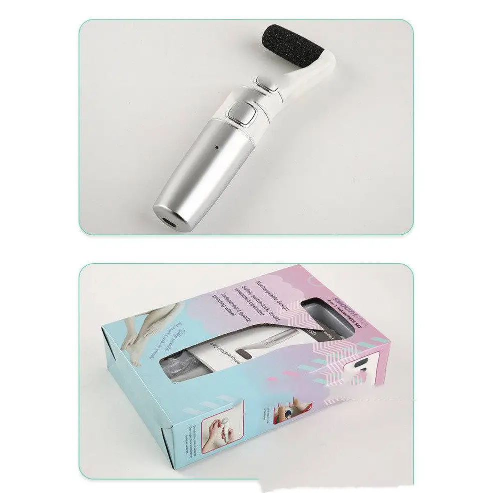 Silver usb rechargeable electric callus remover with black textured rubber head for dead skin removal