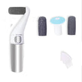 Usb rechargeable electric callus remover in silver and white with black textured interchangeable abrasive attachments