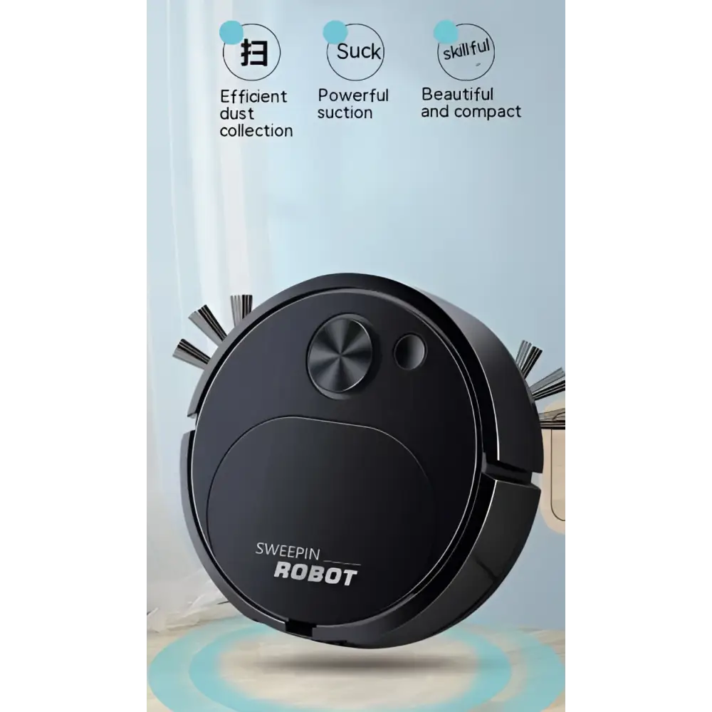 Black circular usb rechargeable sweeping robot with sweepin robot branding and side brushes for automatic vacuuming
