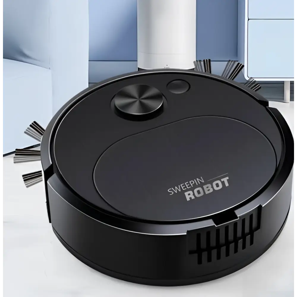 Black circular usb rechargeable sweeping robot automatic vacuum cleaner with sweepin robot branding and metallic accents