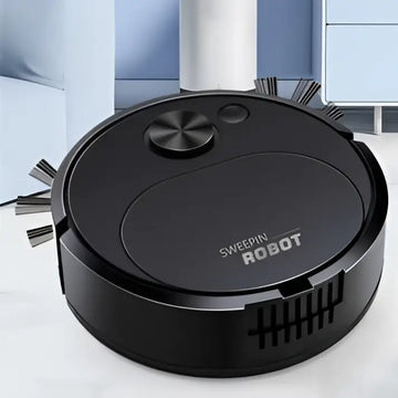 Black circular usb rechargeable sweeping robot automatic vacuum cleaner with sweepin robot branding and control dial