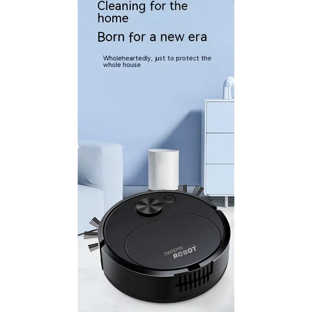 Black circular usb rechargeable sweeping robot automatic vacuum cleaner with sweepin robot branding and control dial