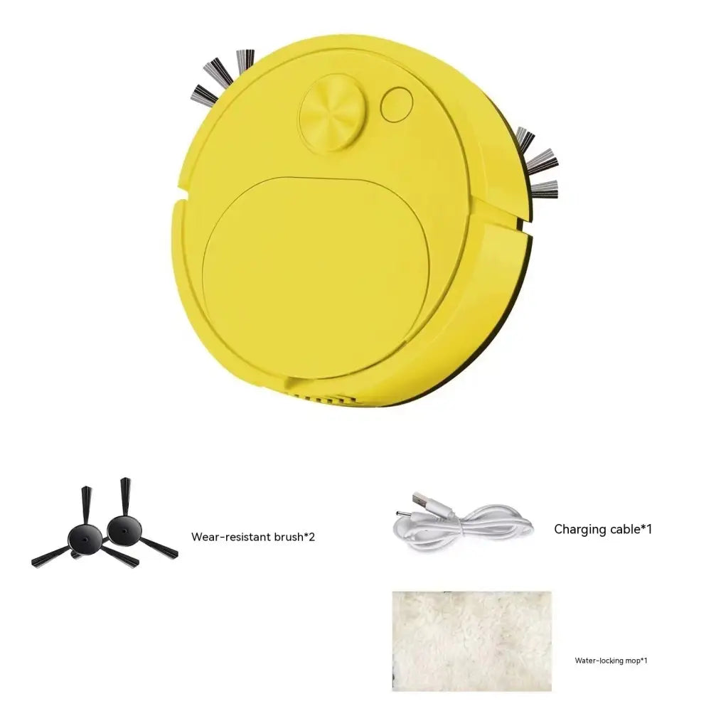 Bright yellow usb rechargeable sweeping robot with black bristles and a central button for automatic vacuum cleaning