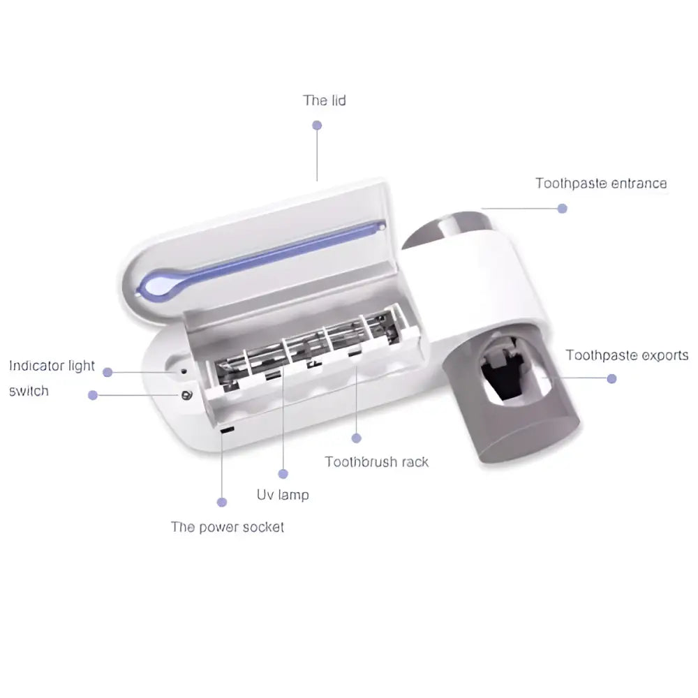 White and gray wall-mounted sterilizing toothbrush holder with uv sterilizer and automatic toothpaste dispenser holding five brushes
