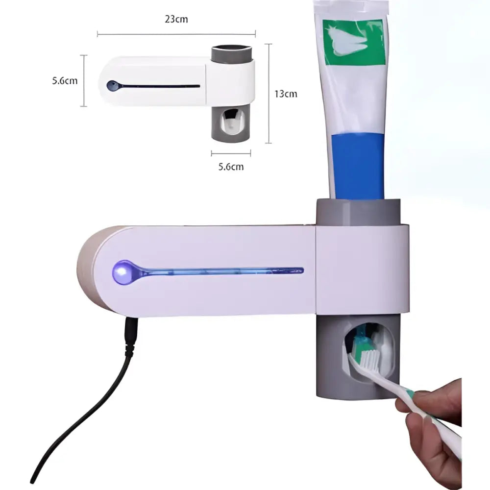 White and gray wall-mounted sterilizing toothbrush holder with integrated led light and vertical toothpaste dispenser