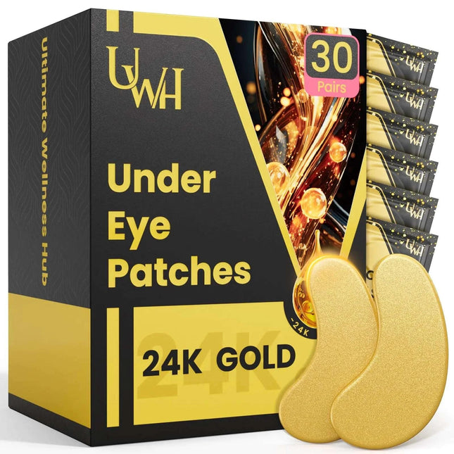 UWH 30P Under Eye Patches for Dark Circles and Puffy Eyes | Infused Gel Under 24K Gold Eye Masks for Skin Care of Puffiness & Eye Bags Treatment for Women Ideal for Beauty Care (30 Pairs 24K Gold) - Royalessencelux