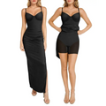 Black ruched cocktail maxi dress with thin spaghetti straps high slit and built-in shapewear for a flattering fit