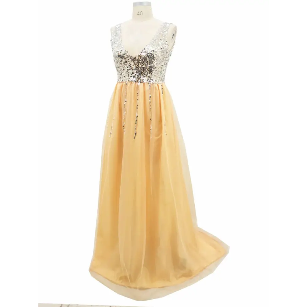 Shimmering gold v-neck sequined floor-length dress with a flowing tulle skirt and dovetail hem