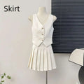 White high waist pleated skirt and apricot v-neck vest two-piece set with gold-toned buttons in crisp fabric