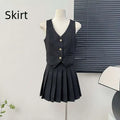 Black high waist pleated skirt with matching v-neck vest featuring gold buttons and front pockets in apricot waistcoat style
