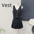 Black sleeveless v-neck vest with gold buttons paired with high waist pleated skirt in a two-piece apricot waistcoat set