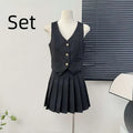 Black high waist pleated skirt and v-neck vest two-piece set with gold buttons in apricot waistcoat style