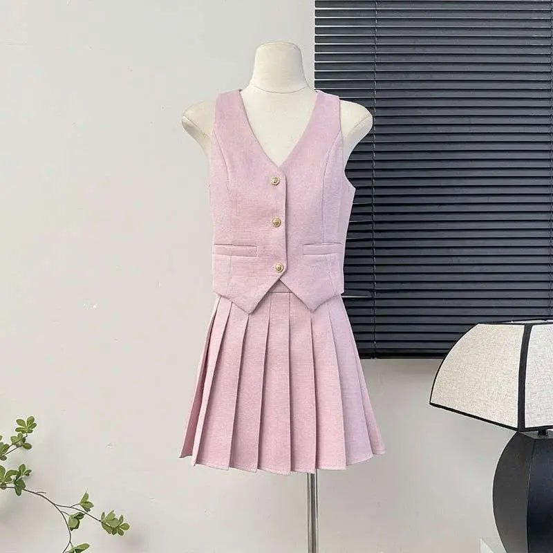 Summer High Waist Pleated Skirt Two-piece Set Button Full Cup Plus Size Bra Without Wi Royalessencelux