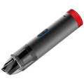 Black and red portable wireless car vacuum cleaner with textured grip transparent chamber and led lamp featuring blue power button