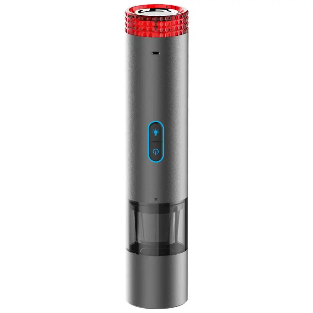 Sleek matte gray electric wine opener with vibrant red led ring featured alongside v6 portable wireless car vacuum cleaner with led lamp