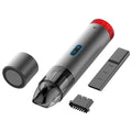 Gray and red portable wireless car vacuum cleaner with transparent chamber and led lamp featuring blue power button
