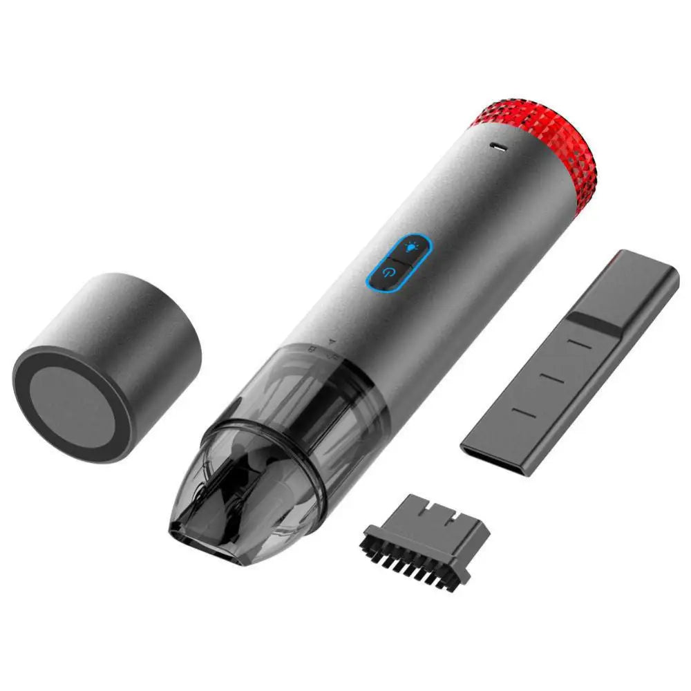 Gray and red portable wireless car vacuum cleaner with transparent chamber and led lamp featuring blue power button