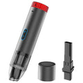 Gray portable wireless car vacuum cleaner with red textured top blue power button clear dust chamber led lamp featuring